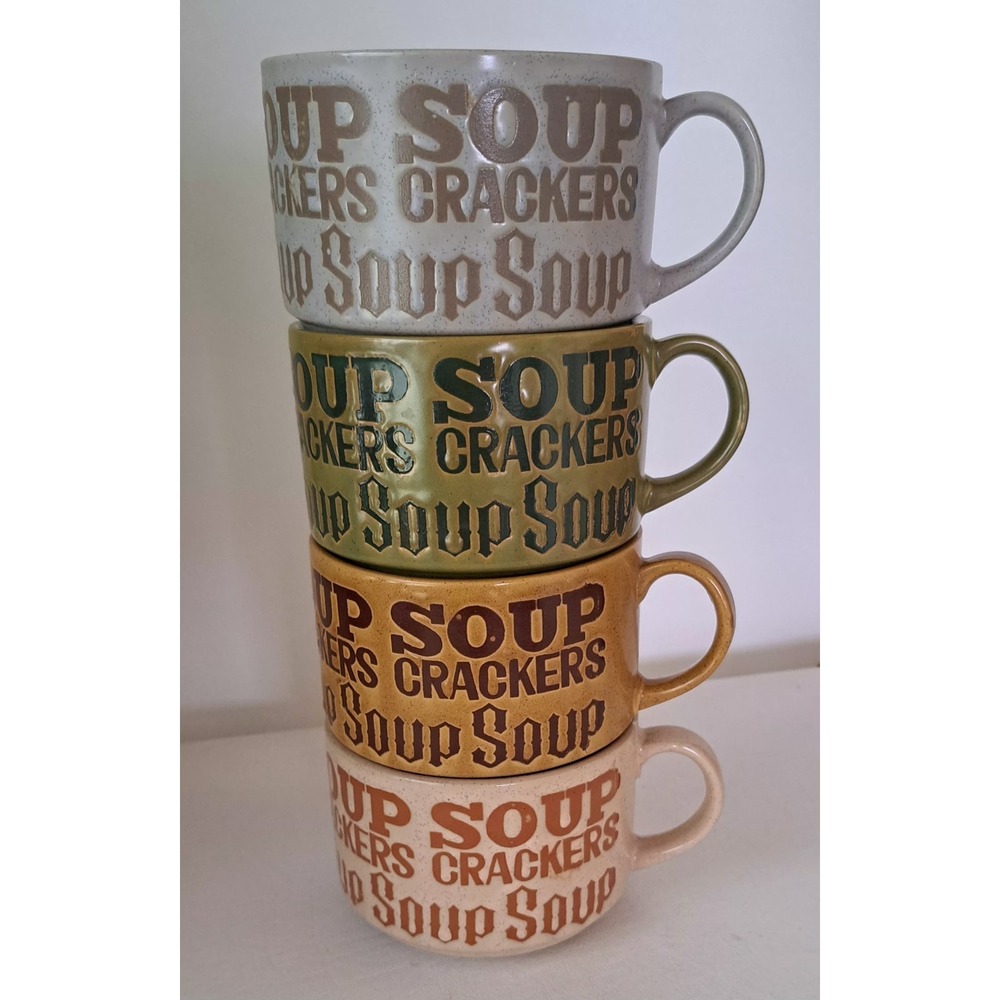 4 Vintage Soup & Cracker Stoneware Mugs Made In Japan 70's